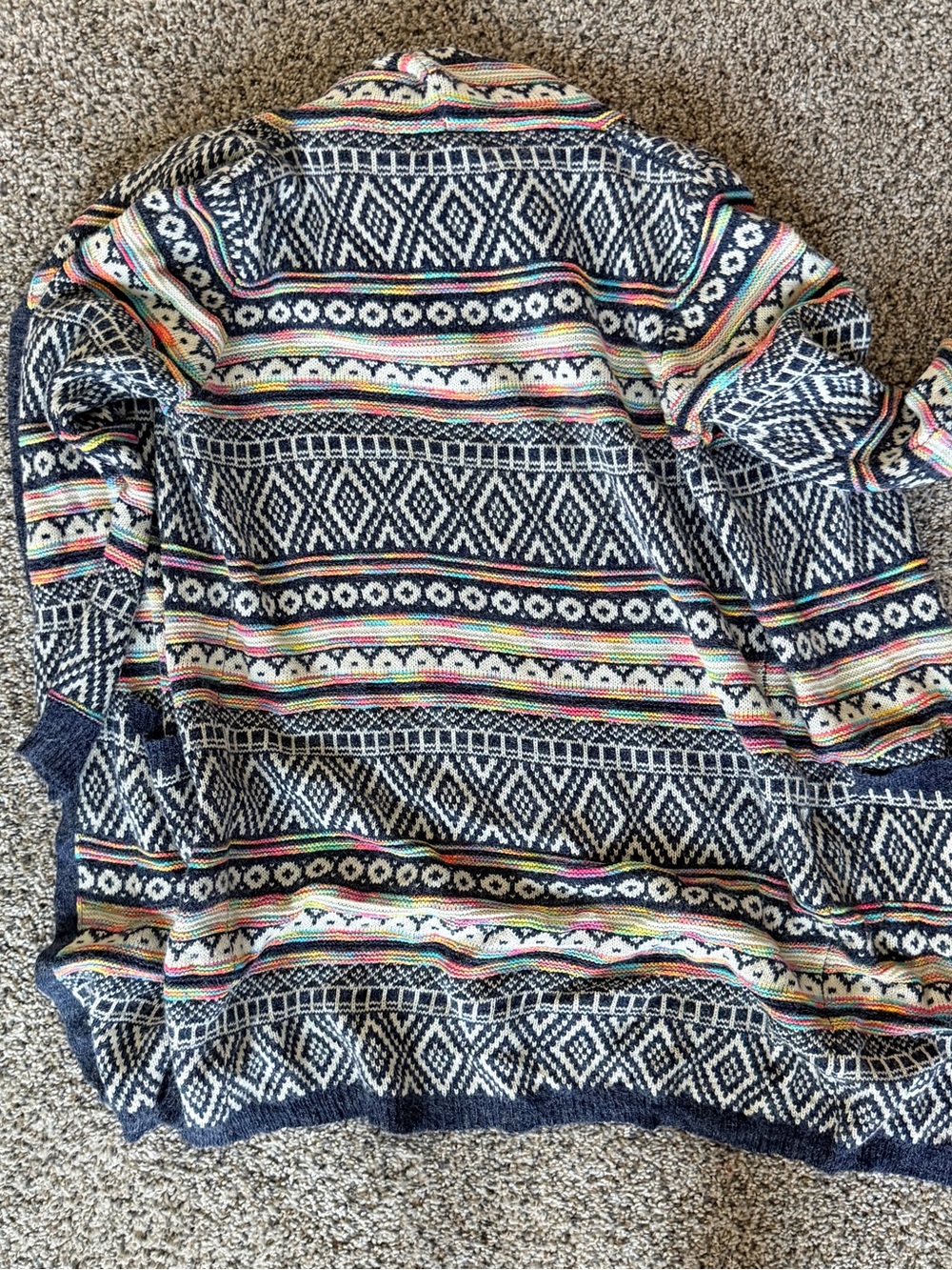 Women’s Hooded Knit Cardigan Sweater - Navy with Multicolor Fair Isle - Picture 5 of 5